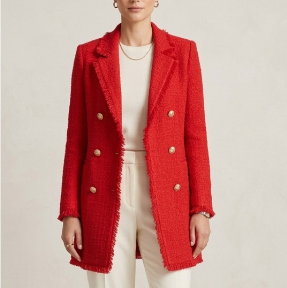 Rachel Zoe Red Tweed Double Breasted Fringe Blazer Coat Size S